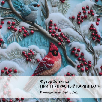 Футер 2х нитка петля - Принт "Красный кардинал" (белый, голубой, красный, хлопок 80% (компакт пенье), полиэстер 20%, ширина - 180см)