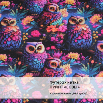 Футер 2х нитка петля - Принт "Совы" (мультиколор, хлопок 80% (компакт пенье), полиэстер 20%, ширина - 180см
