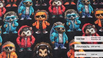 Кулирная гладь принт Ежики мультиколор - лёгкая эластичная ткань из хлопка